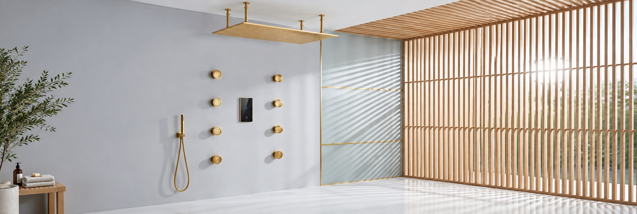BathSelect multi jet brushed gold rainfall shower system with eight body jets and handheld sprayer