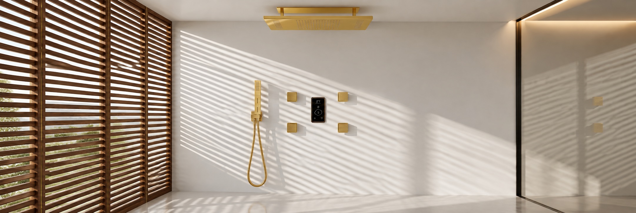 BathSelect multifunctional brushed gold rainfall shower with body jets and handheld sprayer