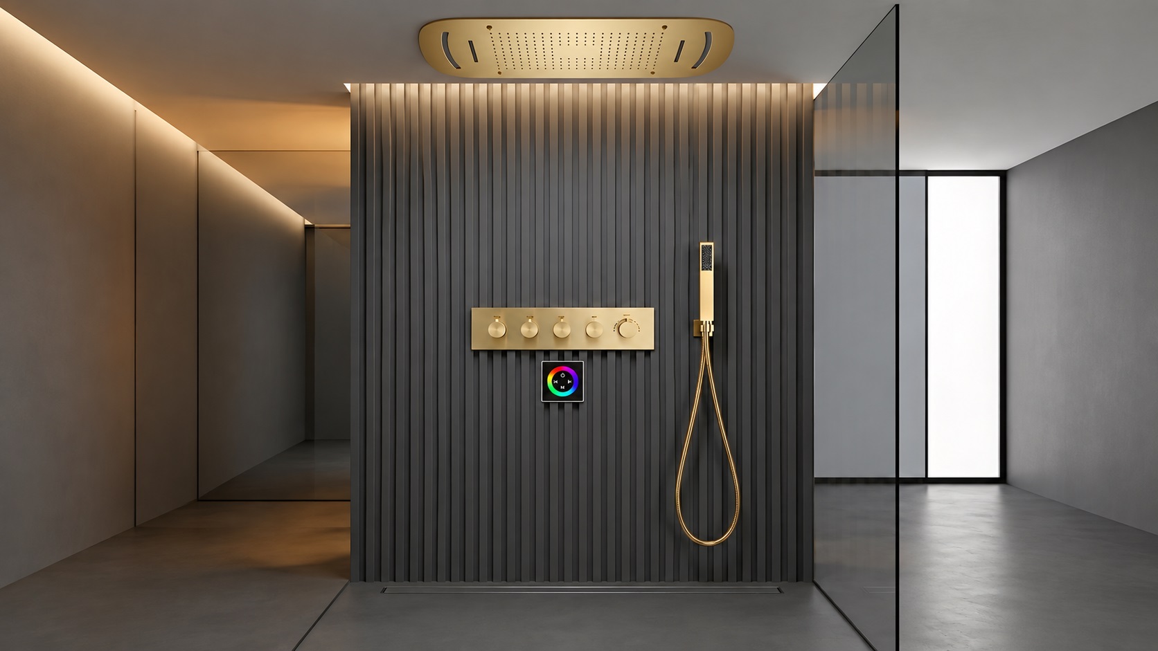 Multifunctional gold ceiling rainfall shower with handheld wand for hotels resorts and hospitality bathrooms