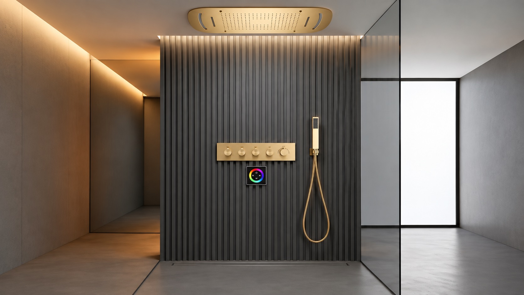BathSelect Aurelia gold ceiling rainfall shower with handheld wand for luxury hospitality bathrooms