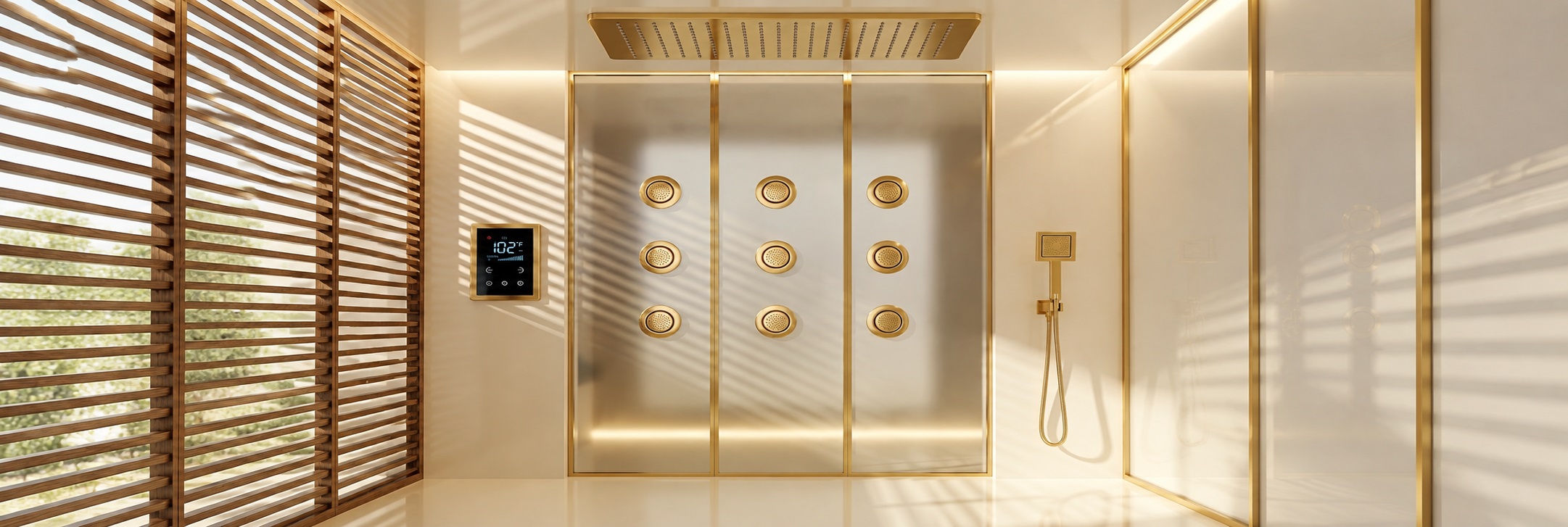 BathSelect digital smart brushed gold ceiling rainfall shower system with body jets