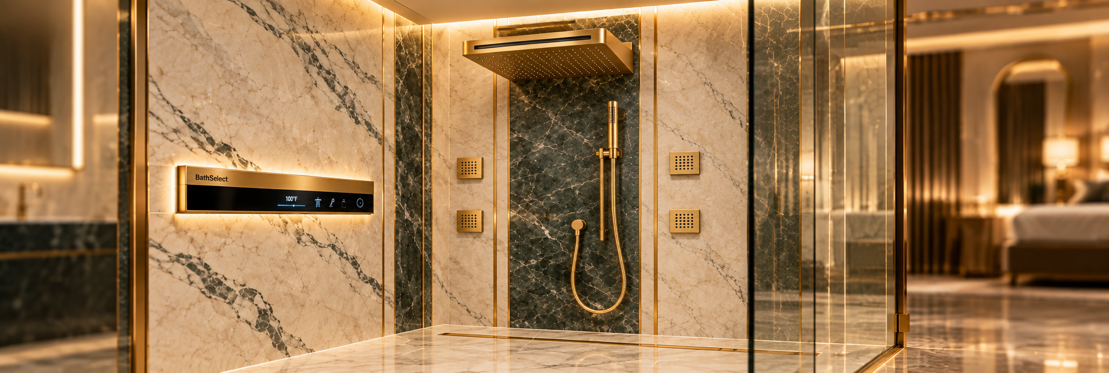 BathSelect gold wall-mounted rainfall and waterfall shower system in an emerald marble bathroom