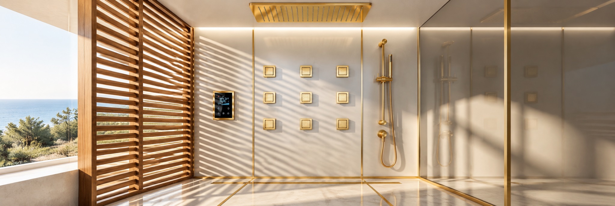 BathSelect brushed gold multifunctional shower systems