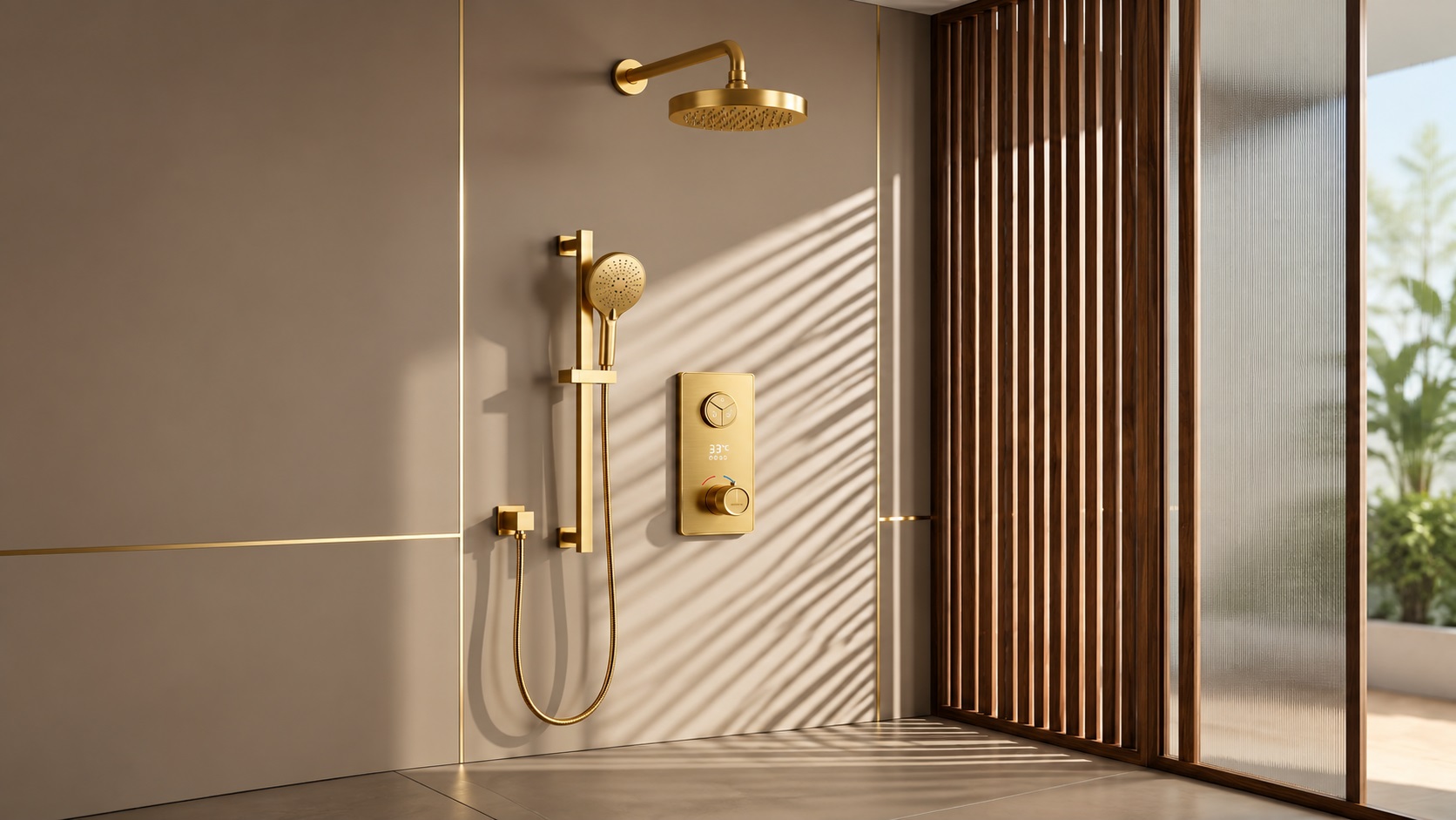 Luxury brushed gold round rainfall shower with smart thermostatic valve for residential bathrooms