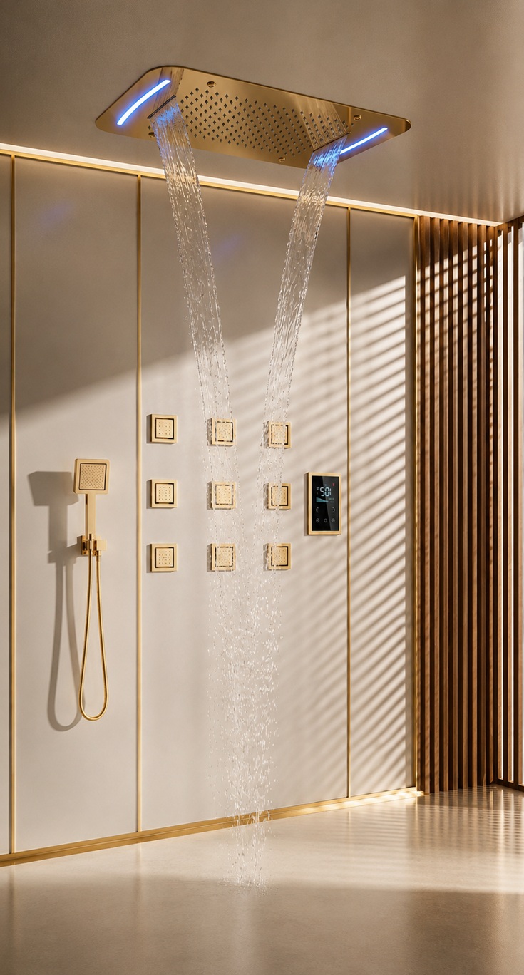 Luxury commercial restroom with three copper faucets, black trough sink and contemporary architectural finishes