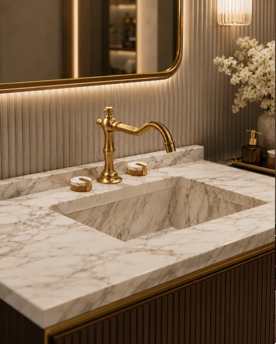 Luxury bathroom vanity with gold faucet, matching handles, white marble sink, ribbed wall panels, and warm mirror lighting