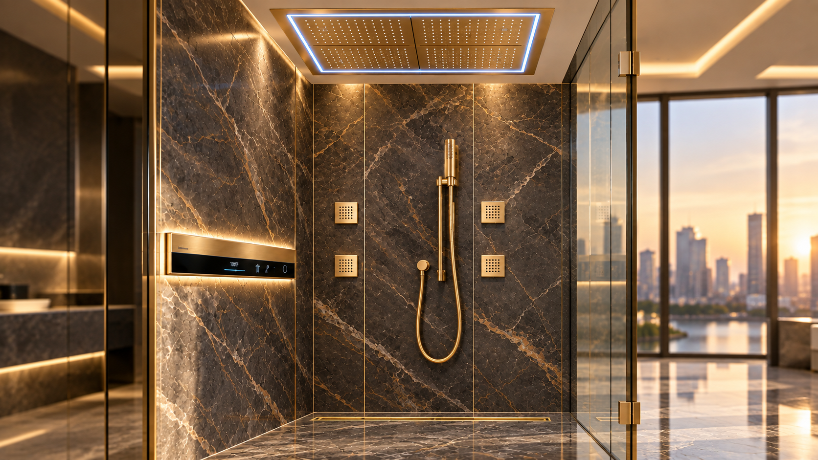 BRAVAT brushed gold wall-mounted shower system with four body jets and handheld shower for spa and wellness bathrooms