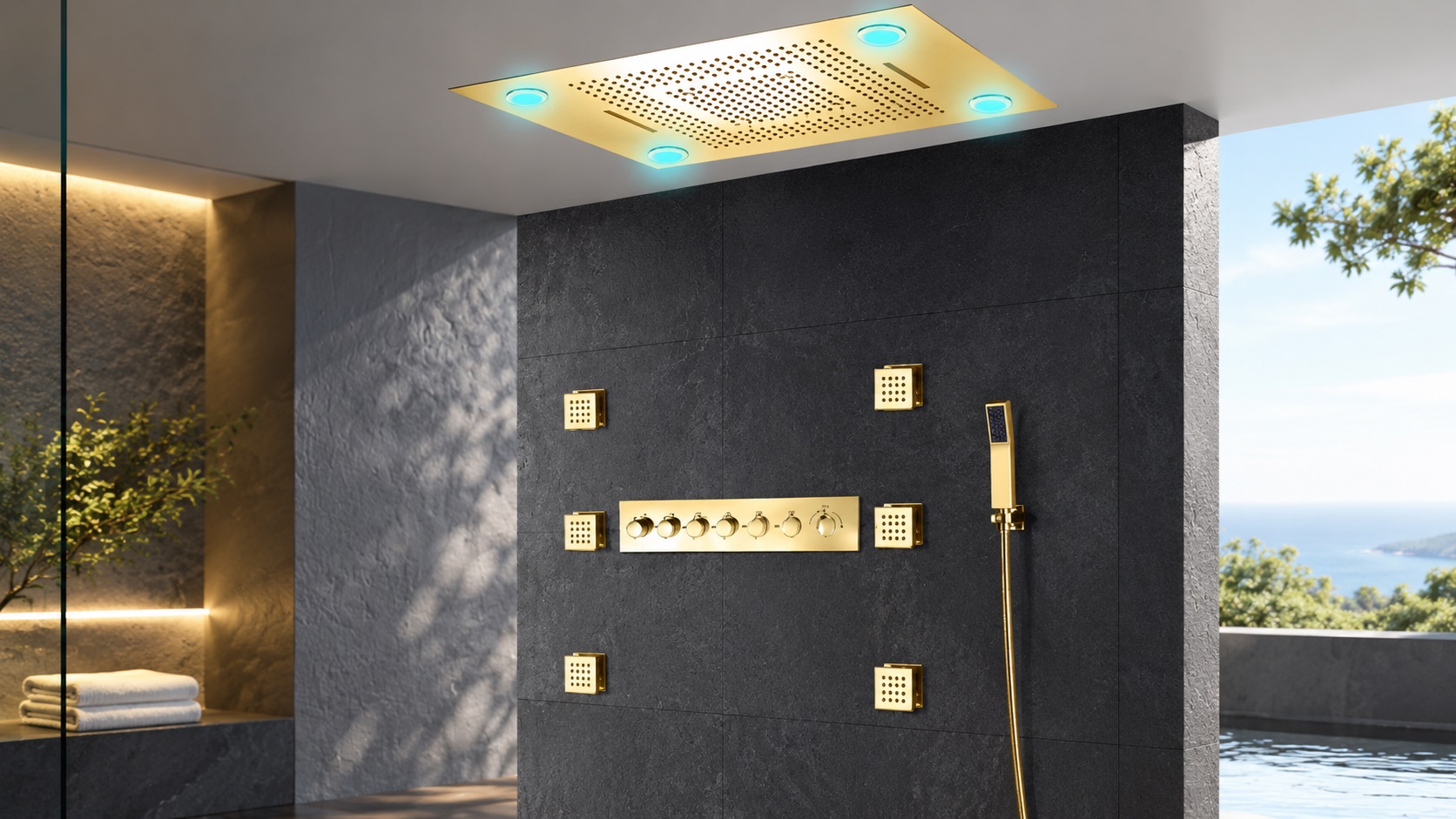 Brushed gold shower systems for multifamily bathroom developments