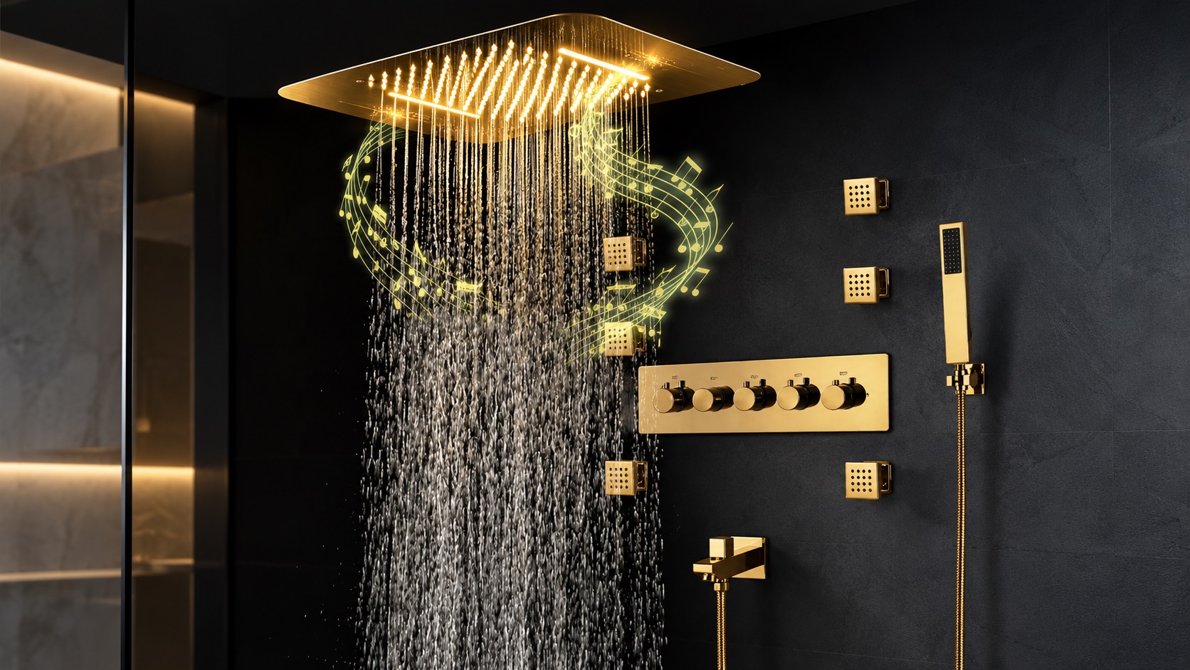 Brushed gold multifunctional shower systems for hotels and hospitality projects