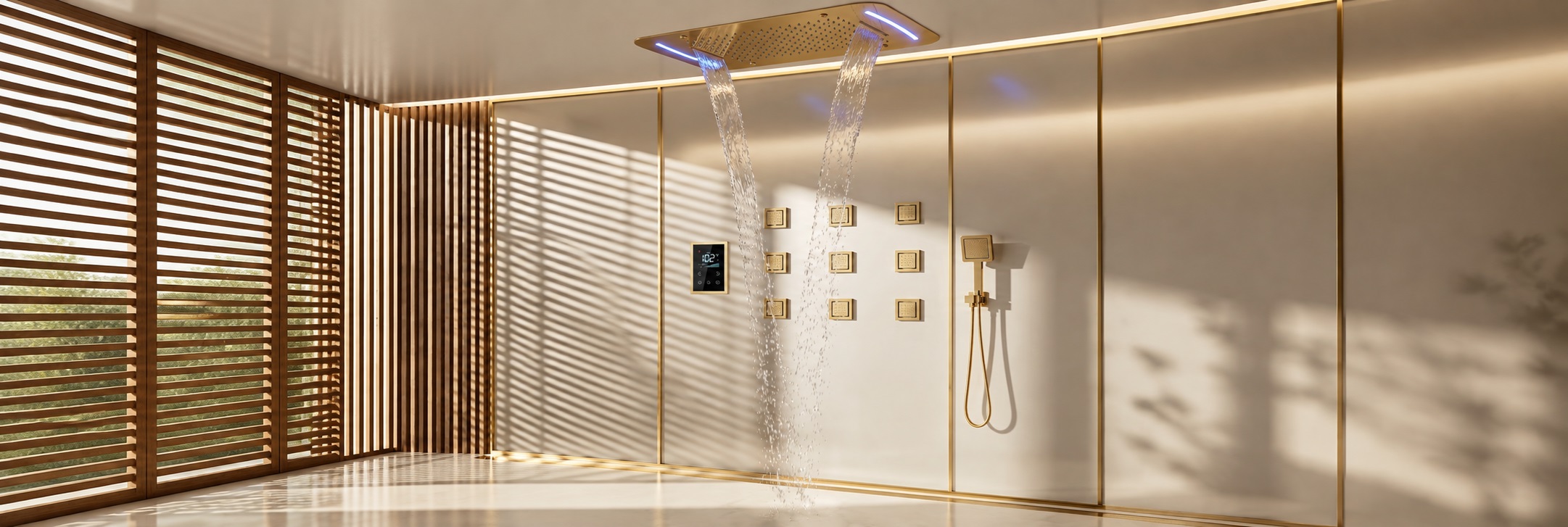 BathSelect brushed gold LED rainfall and waterfall shower system with body jets and handheld sprayer