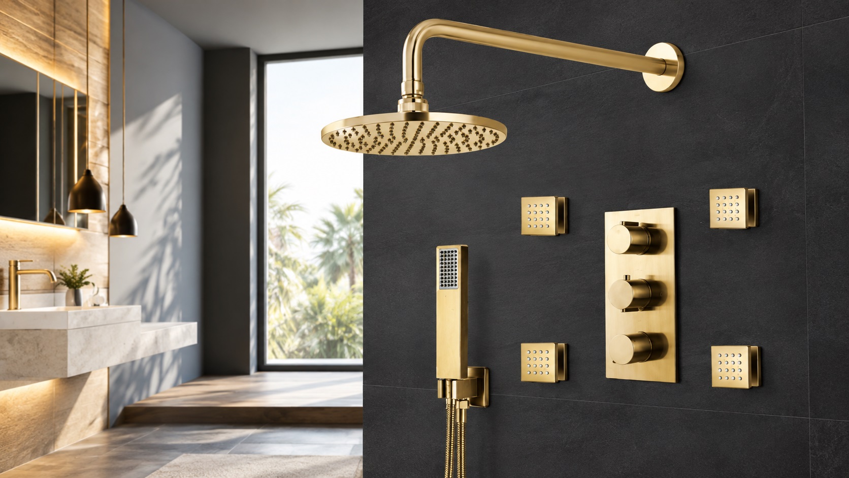 Commercial multifunctional shower systems in brushed gold finish