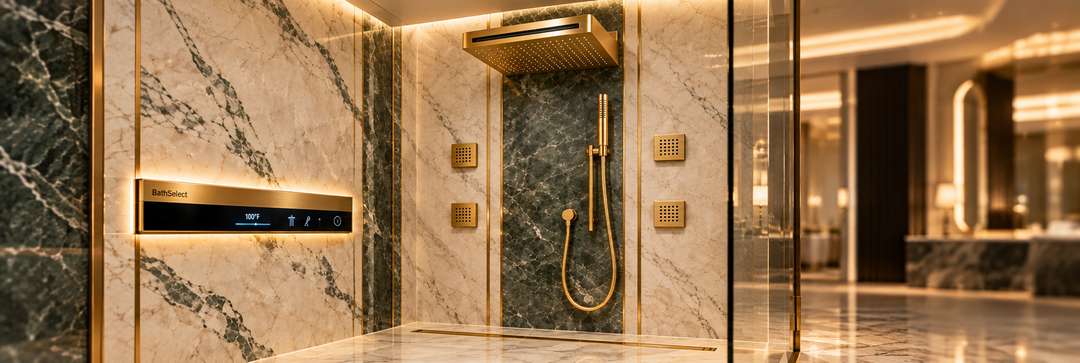 Gold wall-mounted rainfall and waterfall shower system in an emerald marble bathroom
