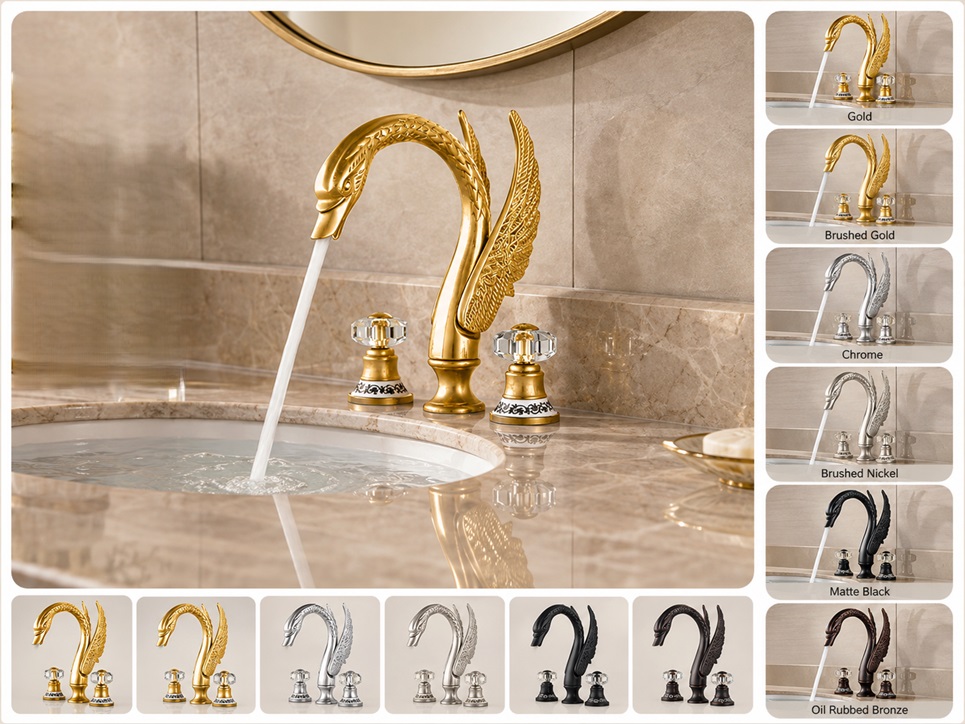 BathSelect Hydrix Prime Gold Essence deck mounted dual handle bathroom sink faucet