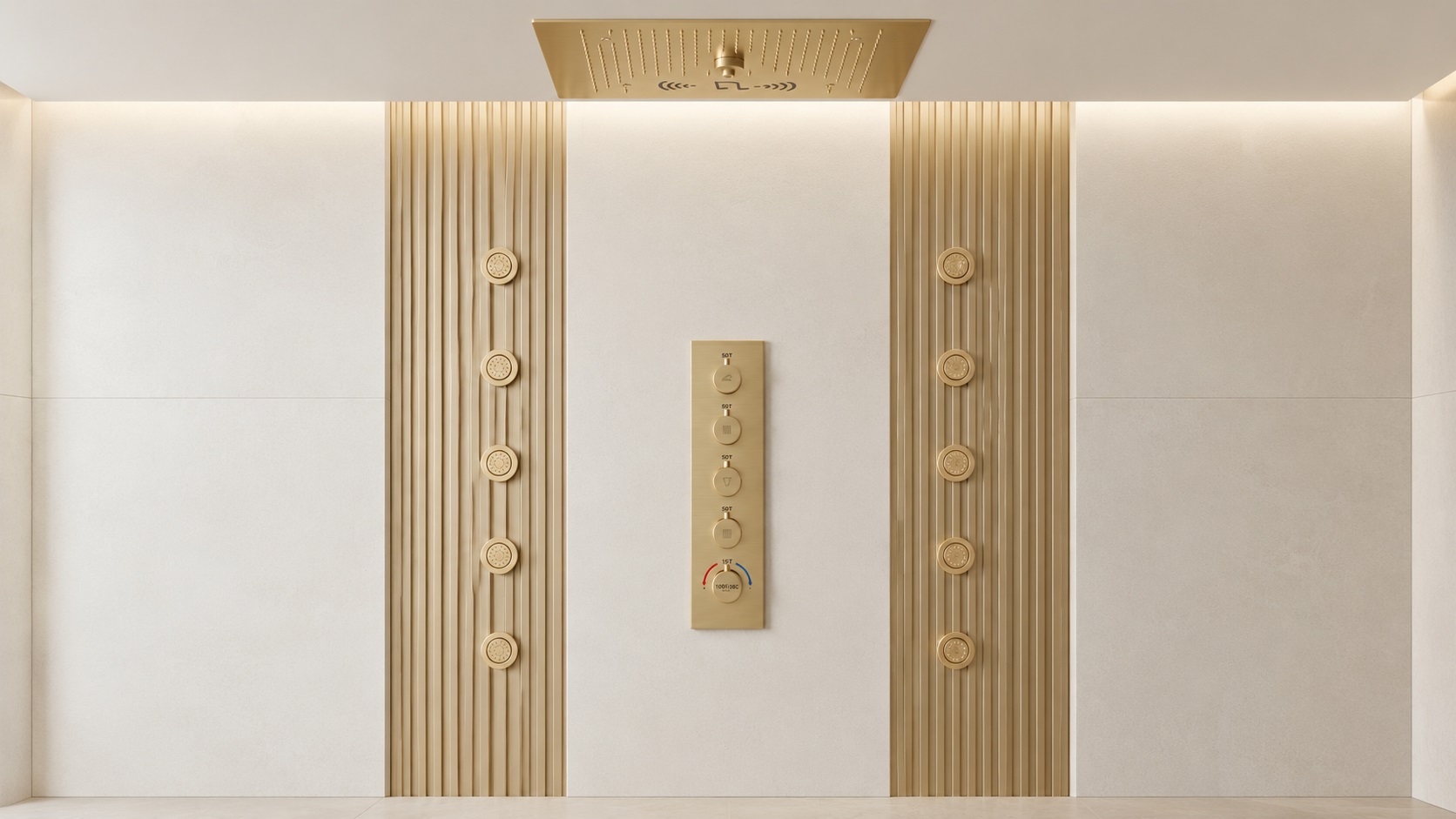 Gold ceiling rain shower with ten body jets for spa and wellness bathrooms
