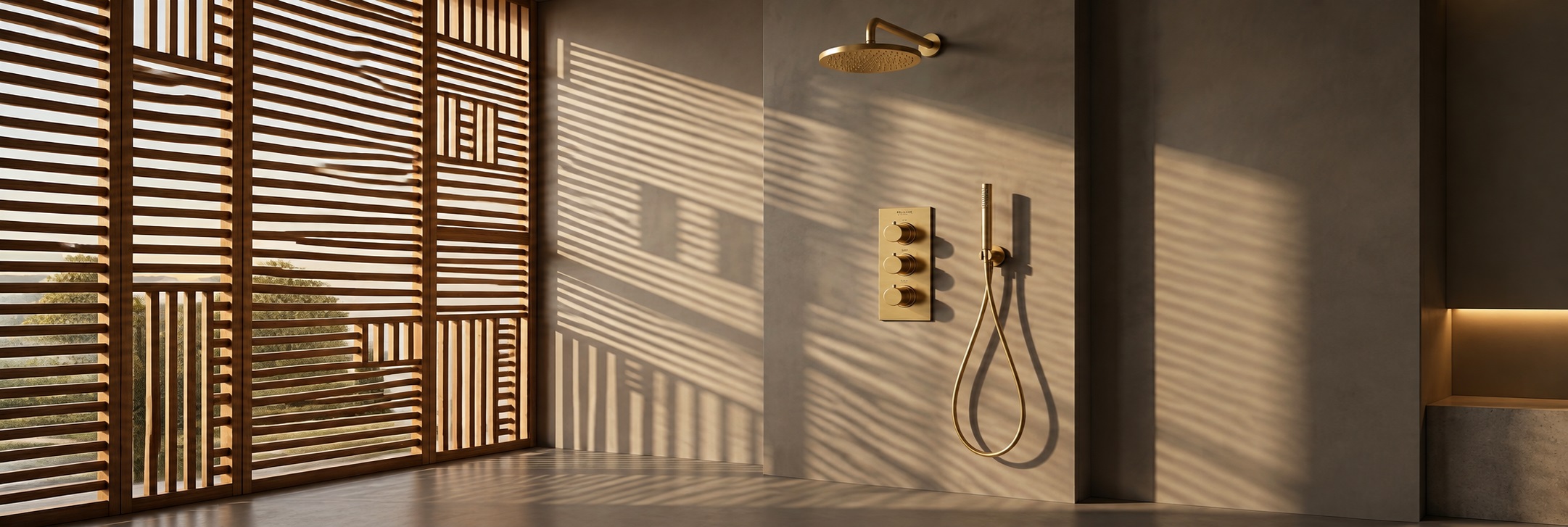 BathSelect gold round rain shower system with thermostatic controls