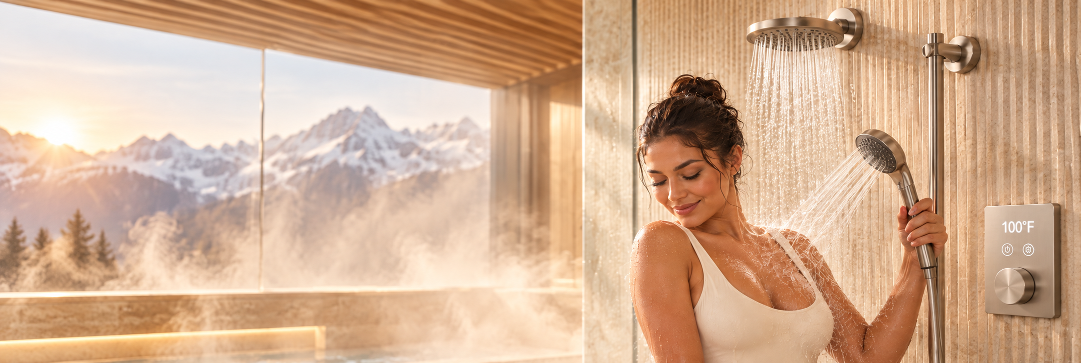 BathSelect dual-head brushed nickel rainfall shower system in an alpine bathroom
