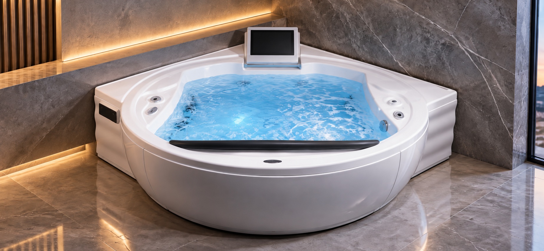 Luxury high-tech corner whirlpool bathtub with smart screen, hydrotherapy jets, and blue illuminated water in a modern upscale bathroom