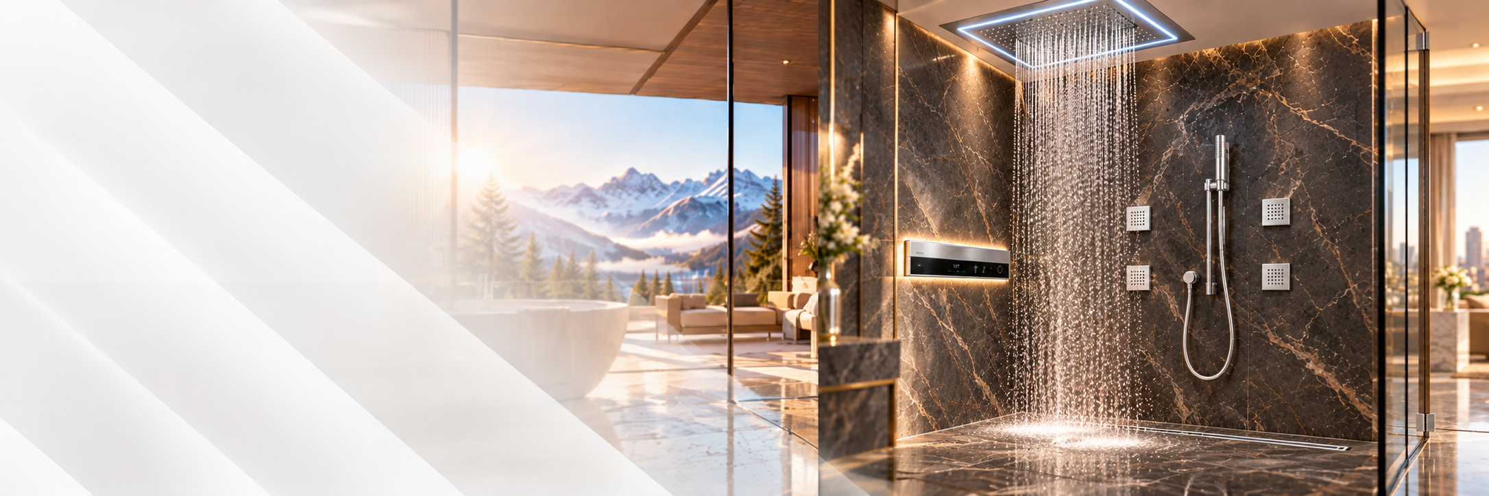 Polished chrome digital thermostatic shower system in a white Carrara marble luxury bathroom