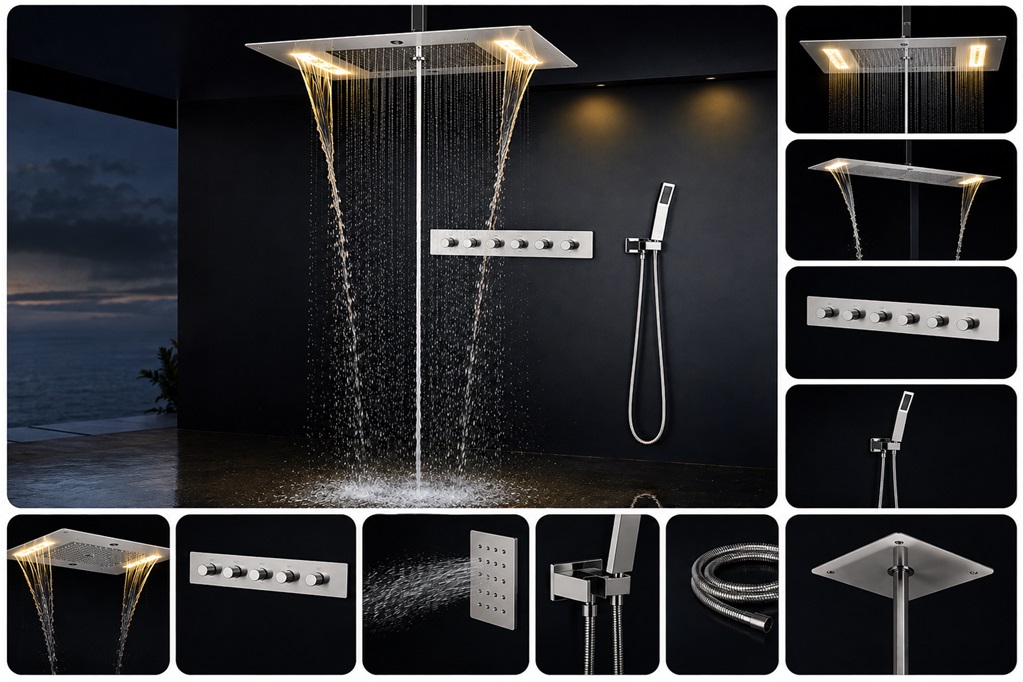 Premium overhead LED ceiling rainfall shower set with hot and cold water mixer