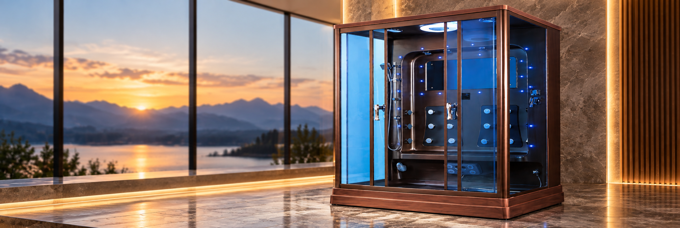 Luxury steam sauna room with integrated shower and spa configuration