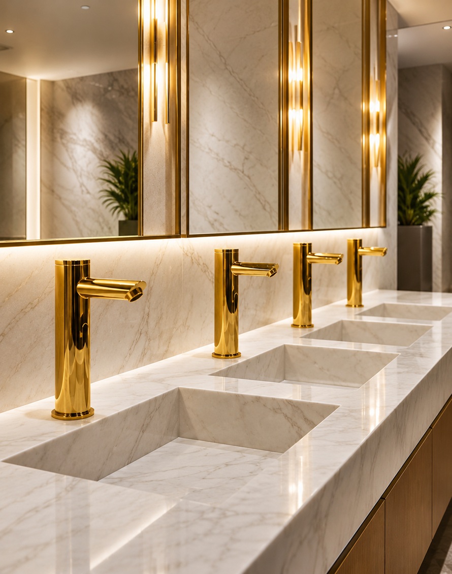 Luxury marble bathroom vanity with polished gold faucets, integrated rectangular sinks, gold-framed mirrors, warm vertical lighting, and premium modern restroom design