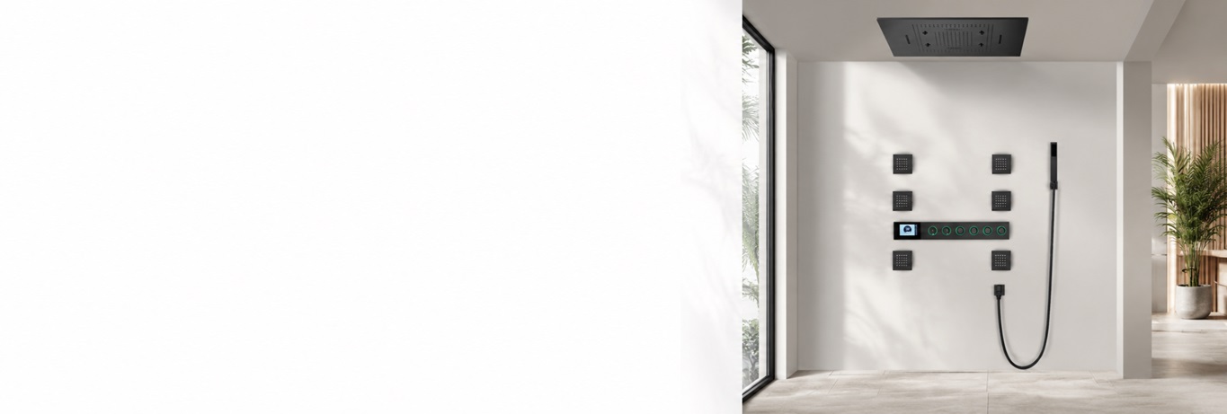 BathSelect Baza matte black LED music thermostatic shower set with rainfall and waterfall functions