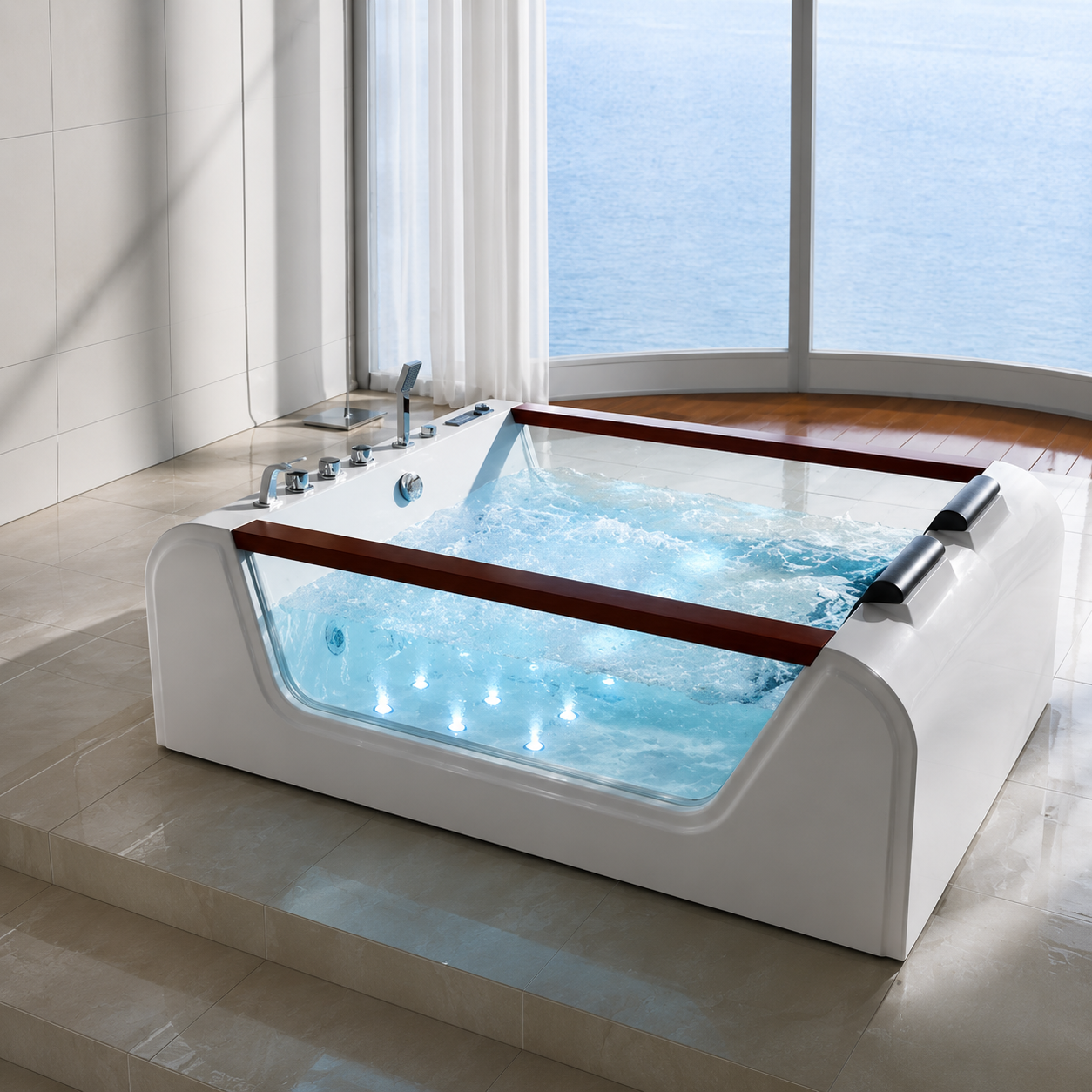 BathSelect Surf Hospitality Freestanding Hydromassage Whirlpool Bathtub with LED Jets and Air Bubbles