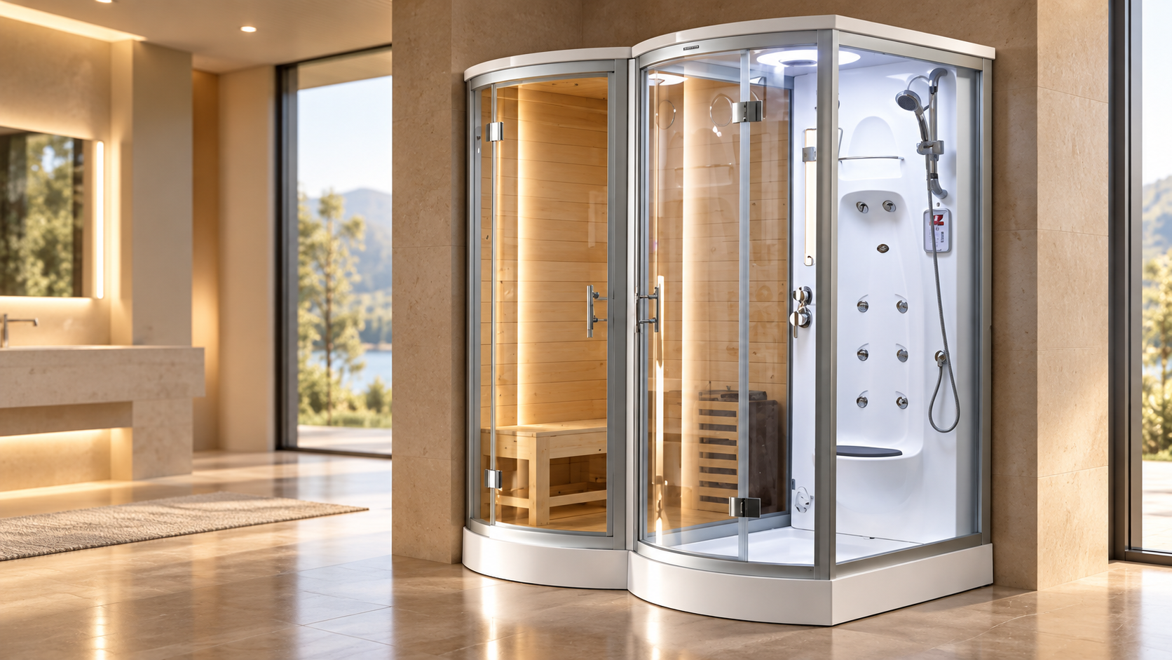 Luxury hydro-massage steam shower and sauna combination for premium wellness bathrooms