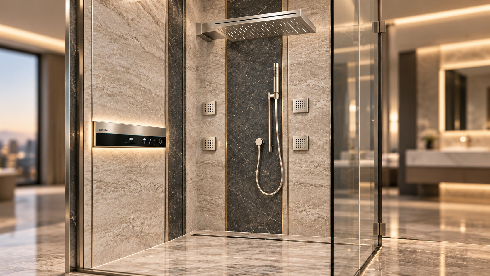 Silver ceiling-mounted rainfall shower system with body jets in a contemporary hospitality bathroom
