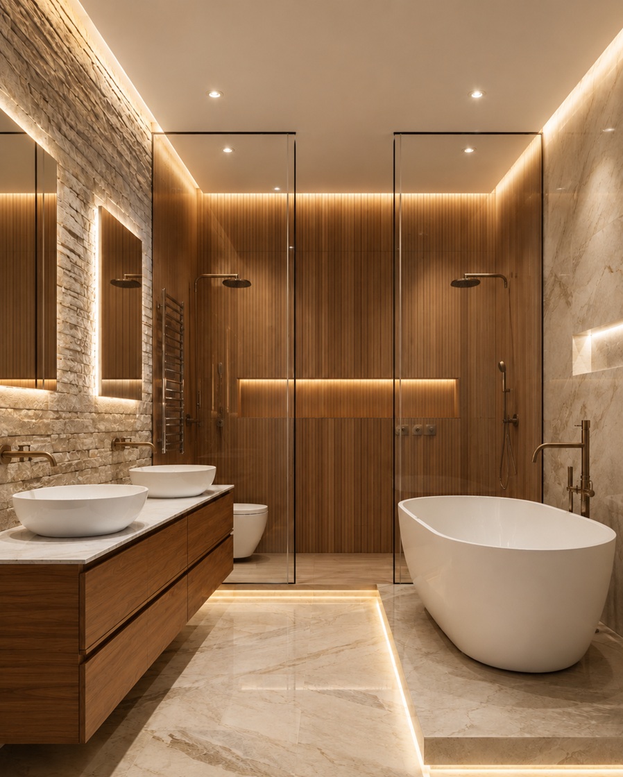 Functional bathroom fixture design with material clarity and refined finish coordination