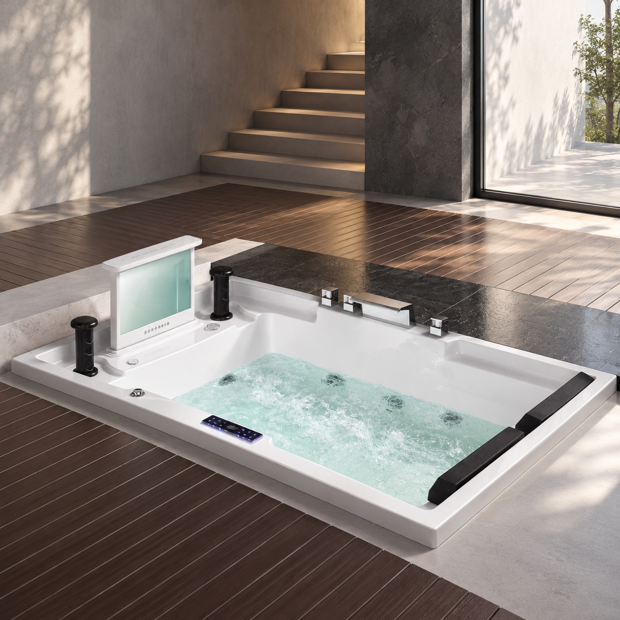 Luxury smart bathtub with integrated digital display, touchscreen controls, hydrotherapy whirlpool jets, and bubbling water in a modern bathroom with wood flooring and natural lighting.