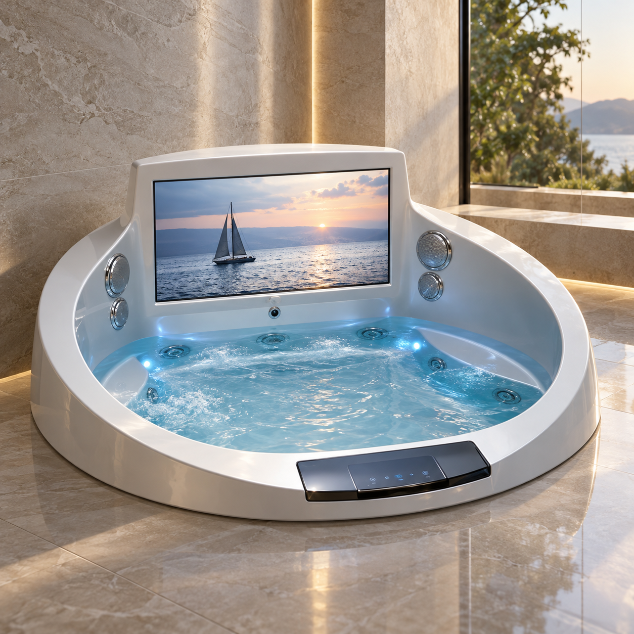 Luxury smart massage control bathtub with built-in screen, hydrotherapy jets, blue illuminated water, and modern spa-style design in an upscale bathroom.