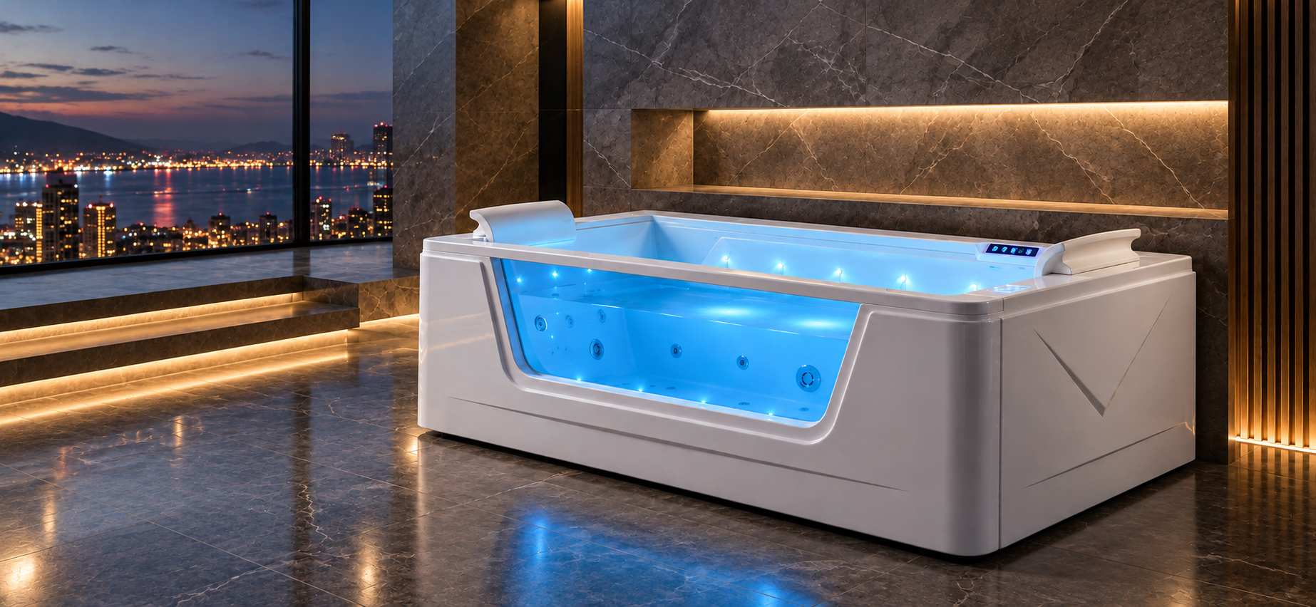 Luxury smart-operated bathtub with blue LED lighting, digital touch controls, hydrotherapy jets, and a modern white acrylic design in an upscale residential bathroom.