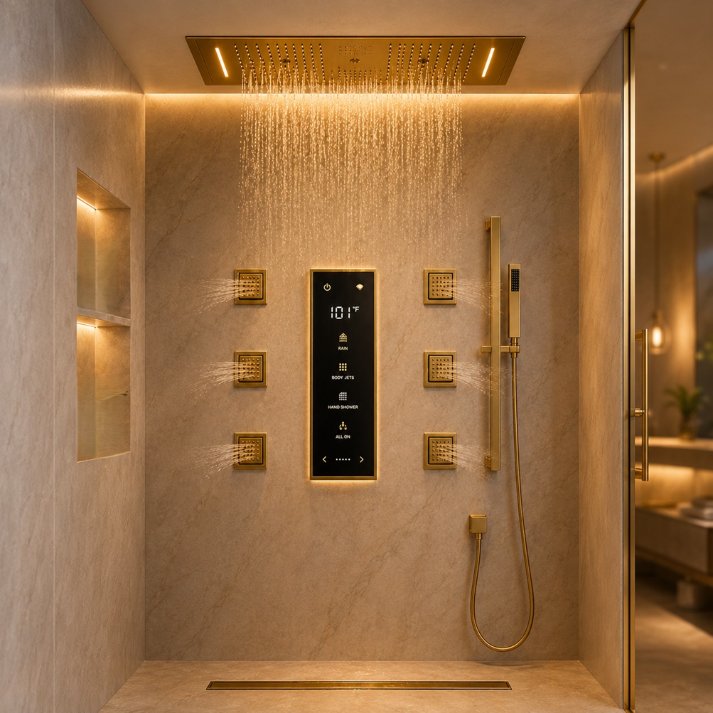 Luxury smart rain shower system with gold finish, body jets, handheld shower, and digital control panel in a modern marble bathroom