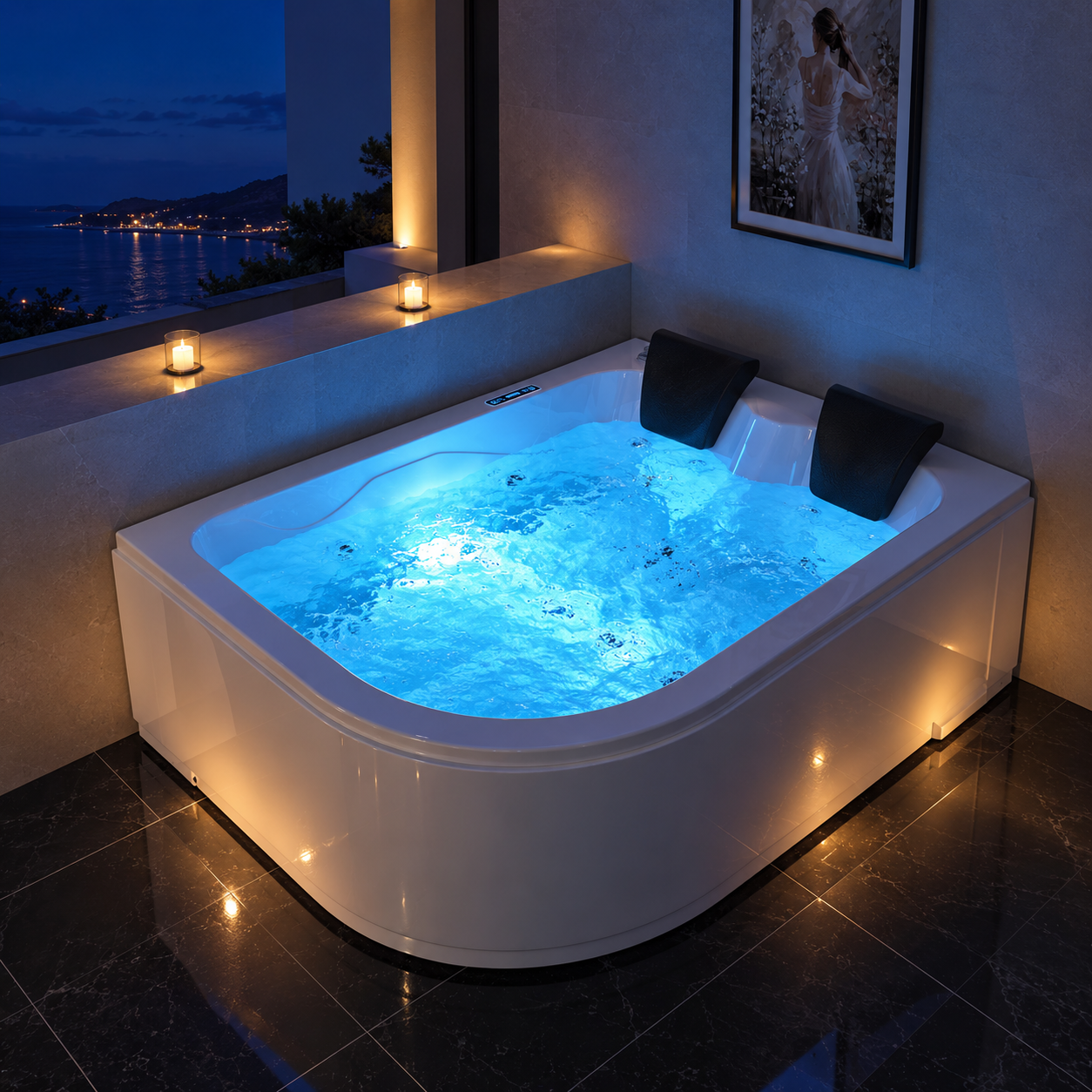 Luxury smart technology whirlpool bathtub featuring blue LED illuminated hydrotherapy jets, dual cushioned headrests, and a modern spa bathroom overlooking a coastal nighttime view.