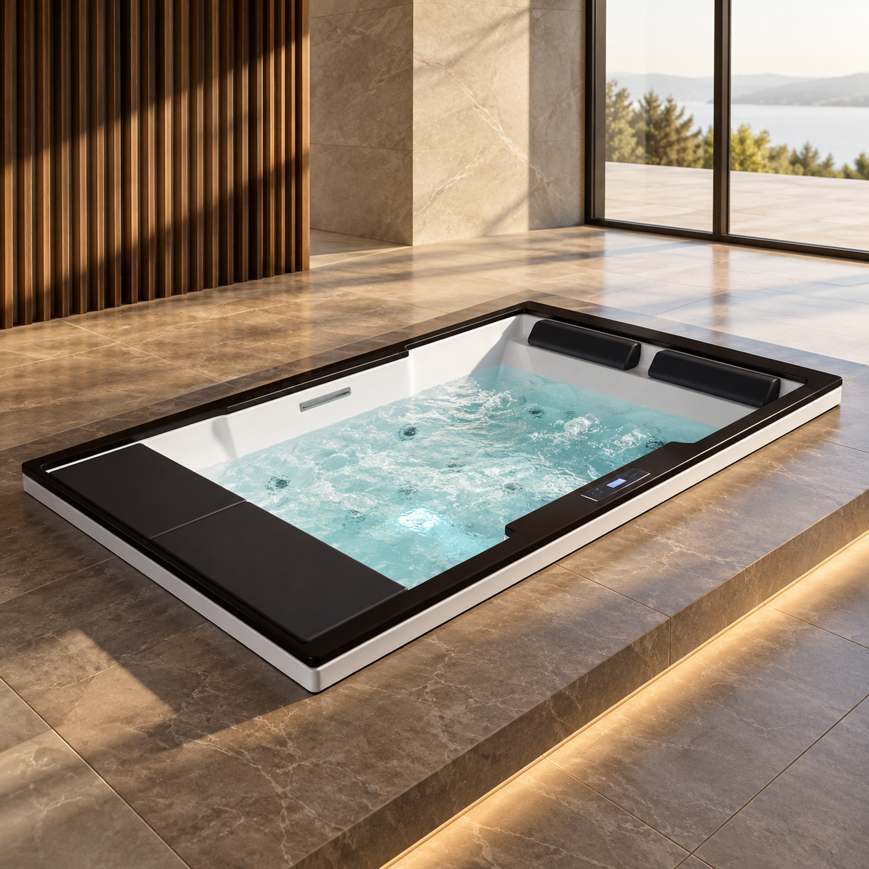 Luxury smart whirlpool bathtub with hydrotherapy massage jets, digital touch controls, black cushioned headrests, and bubbling water in a modern spa bathroom with marble flooring and natural lighting.