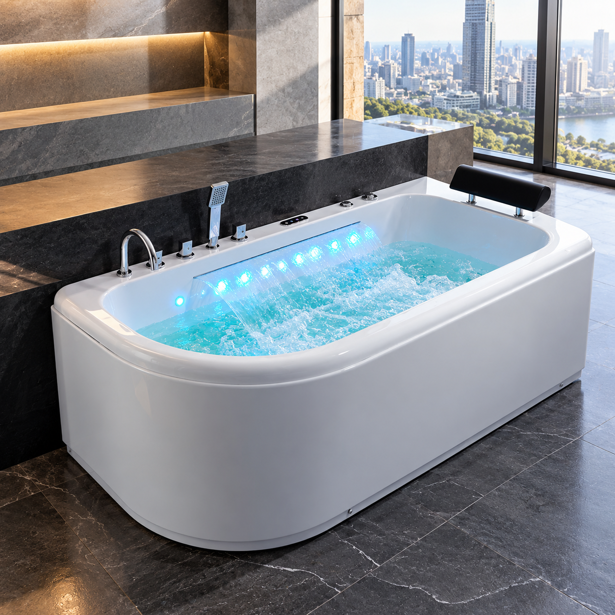 Luxury white smart whirlpool bathtub with blue LED waterfall jets, digital touch controls, and a black cushioned headrest in a modern marble bathroom overlooking a city skyline.