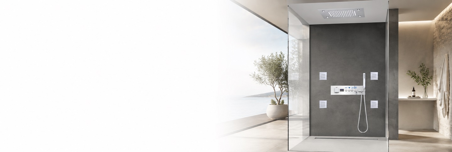 Rome Hospitality recessed ceiling mount chrome LED thermostatic waterfall rainfall shower system with body jets and hand shower