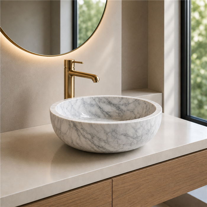 BathSelect Elystra brushed gold faucet and marble vessel sink set