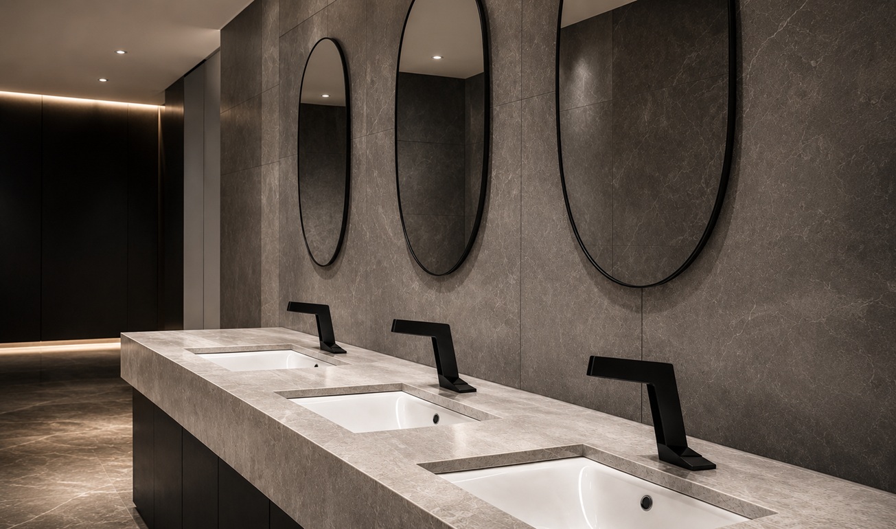 Modern commercial restroom with matte black bathroom faucets, rectangular white sinks, round black-framed mirrors, and a luxury gray stone vanity wall