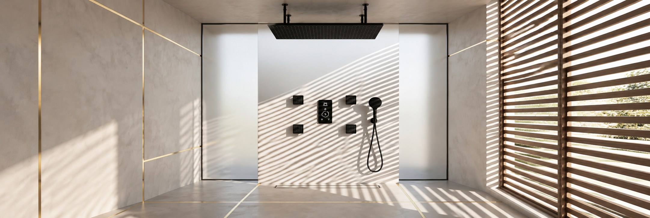 BathSelect matte black multifunctional rectangular ceiling rainfall shower system with four body jets and handheld sprayer