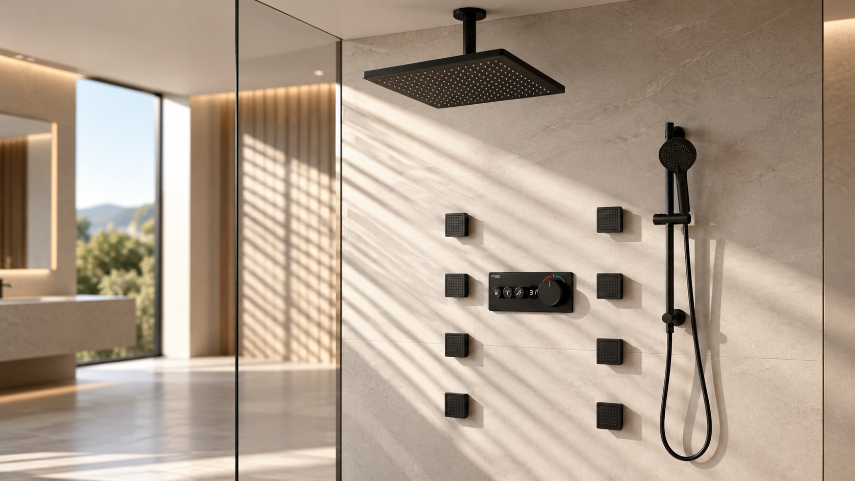 Matte black square rainfall shower system installed in a contemporary walk-in bathroom enclosure