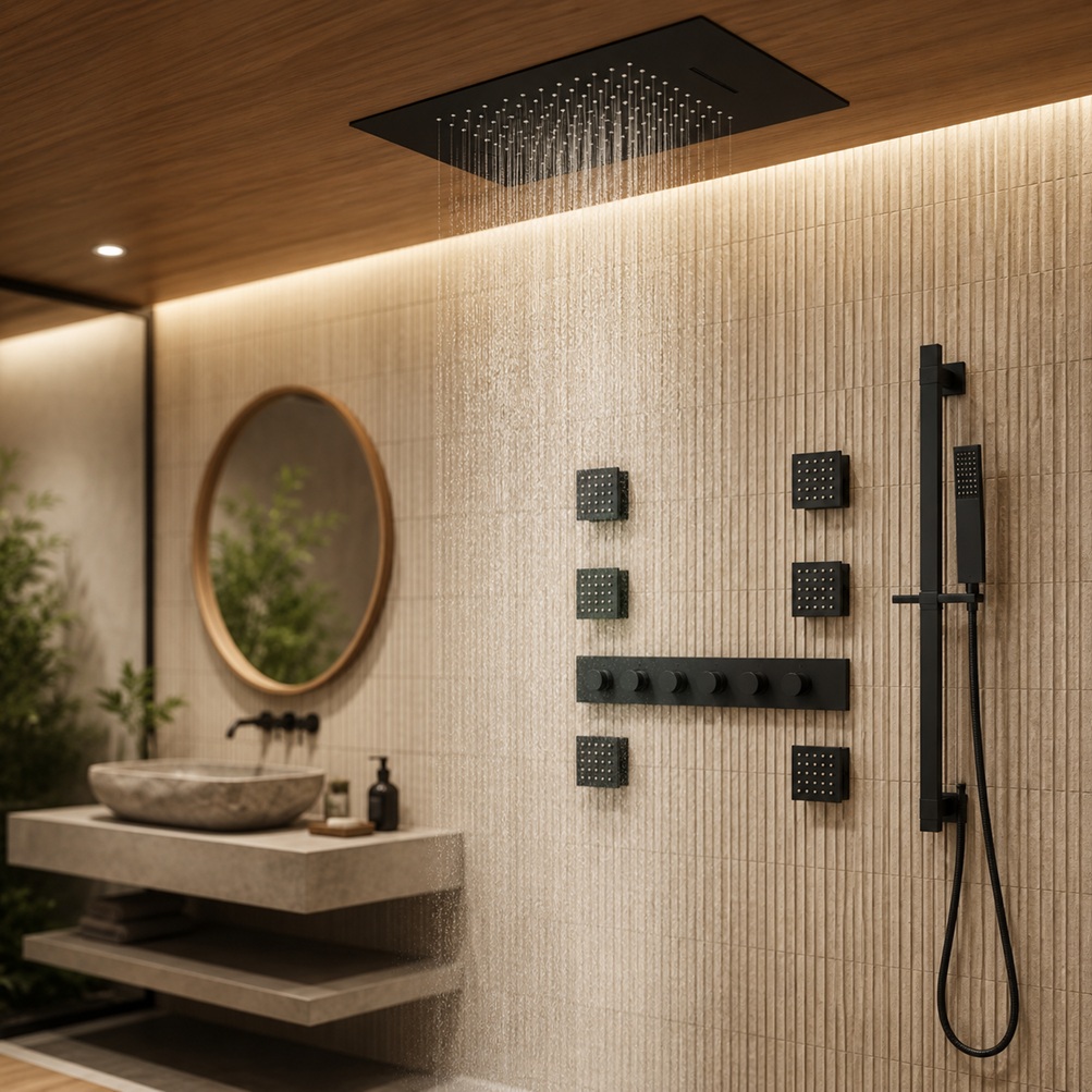 Hospitality bathroom fixture specification support with showers, faucets, vanities, and coordinated finishes