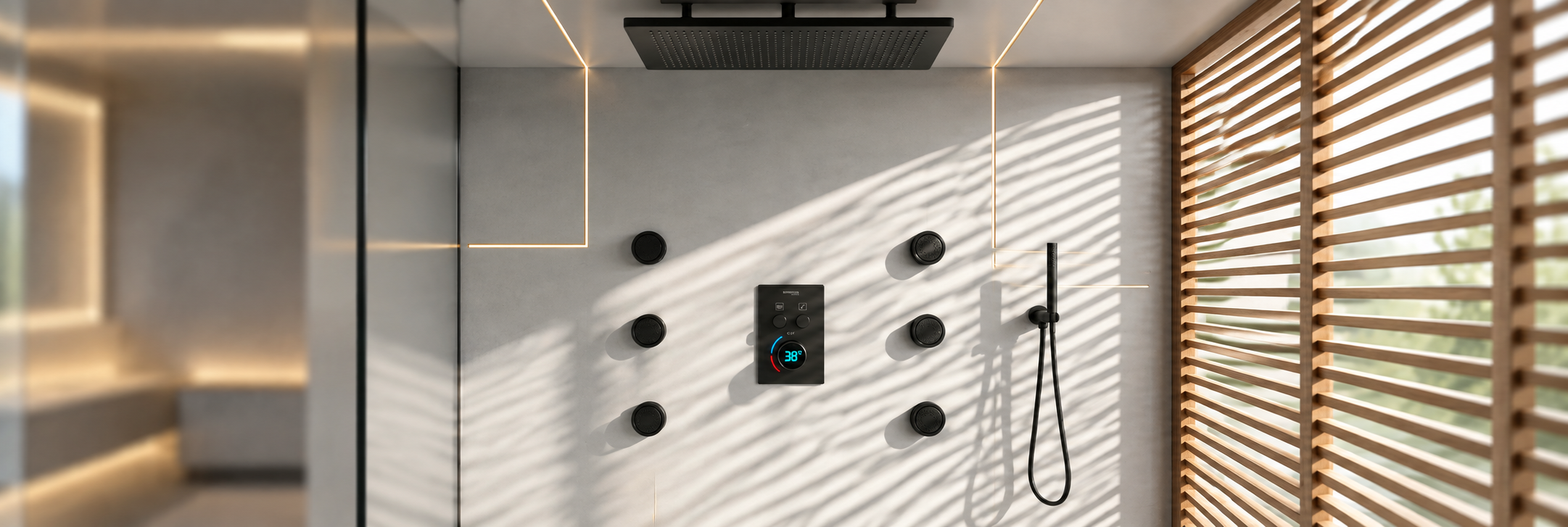 BathSelect matte black digital rainfall shower system with body jets and handheld sprayer