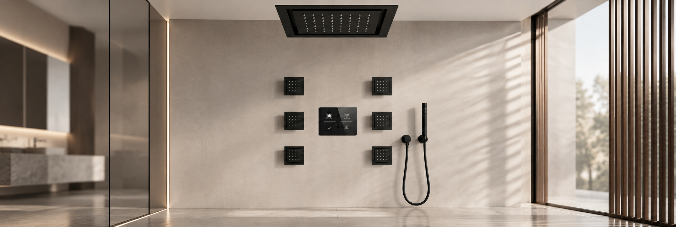 Matte black recessed ceiling rainfall shower system with six square body jets and a handheld sprayer