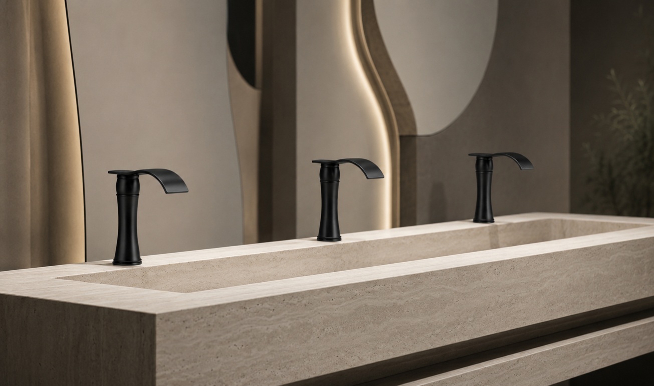 Matte black commercial bathroom faucets installed on a long stone trough sink in a modern luxury restroom with a clean subtle background