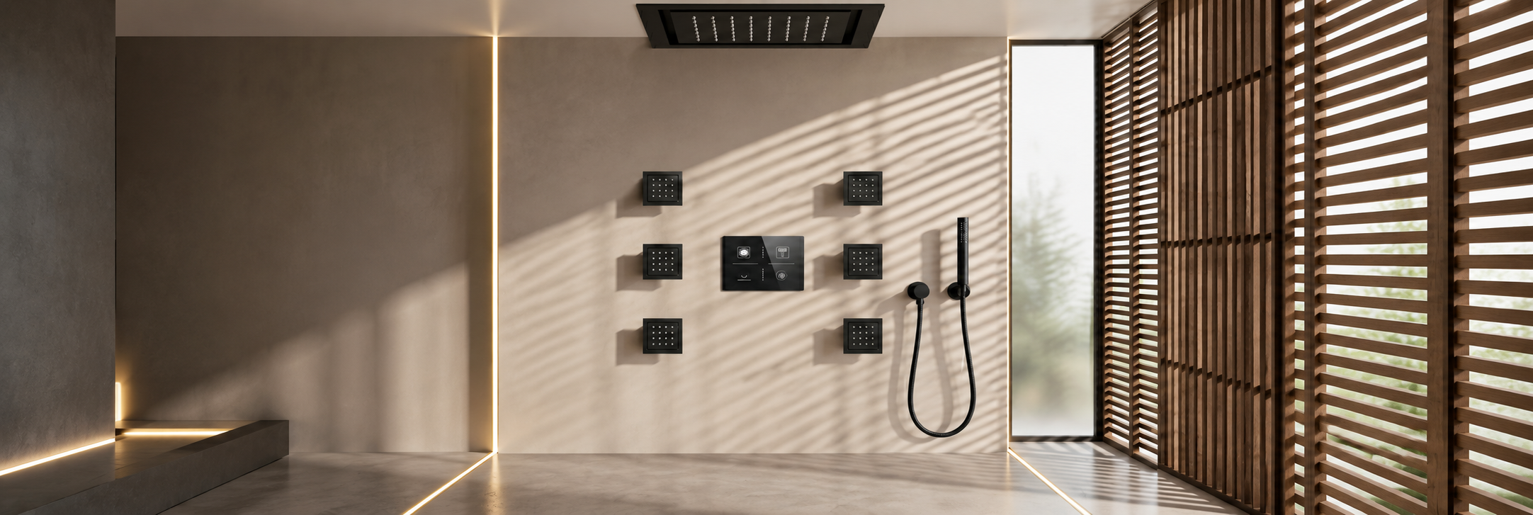 BathSelect matte black recessed ceiling rainfall shower system with six square body jets and handheld sprayer