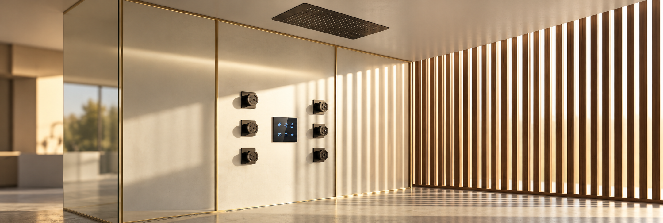 BathSelect oil rubbed bronze square rainfall shower system with body jets and digital control