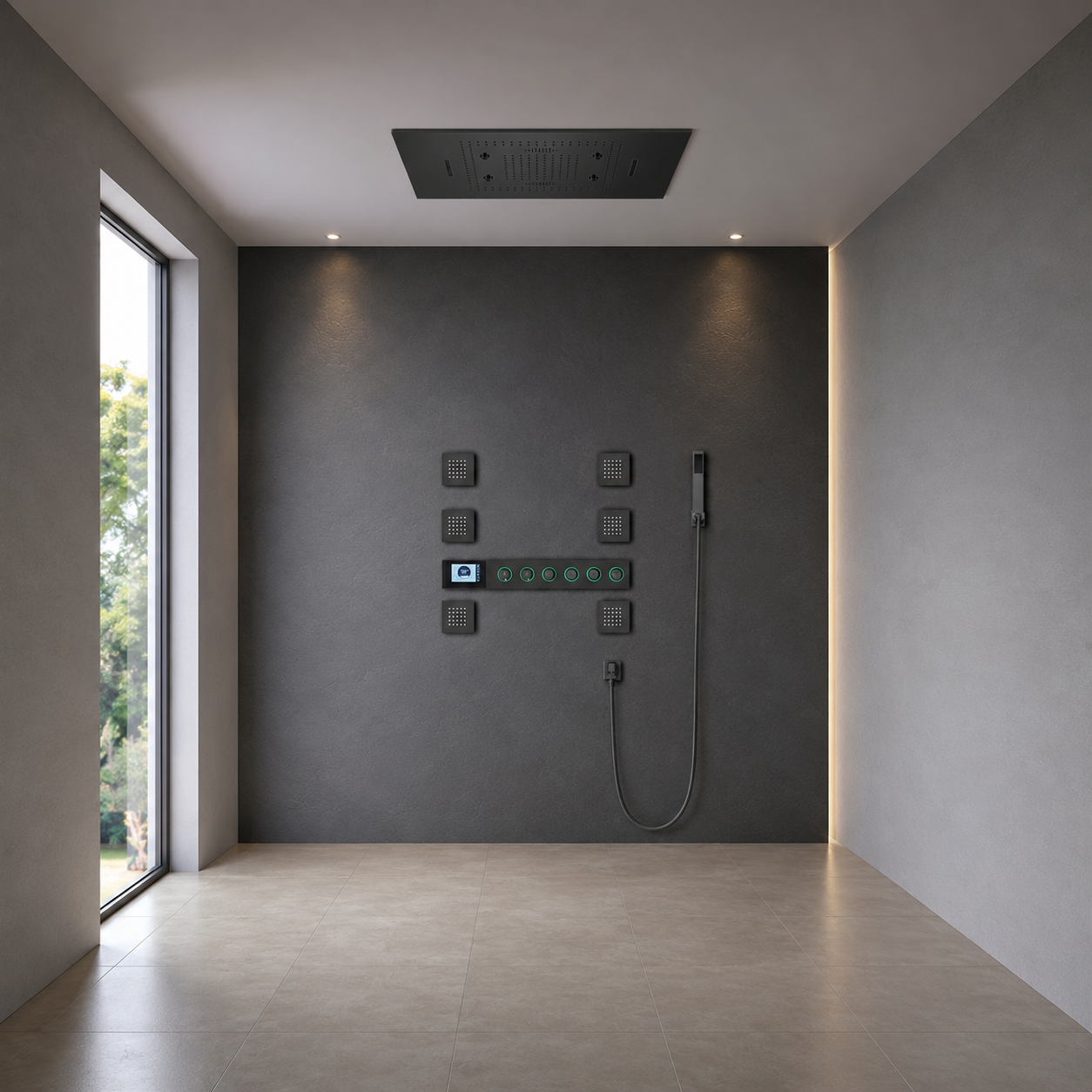 BathSelect Baza Matte Black LED Music Thermostatic Smart Shower Set with Rainfall and Waterfall Functions