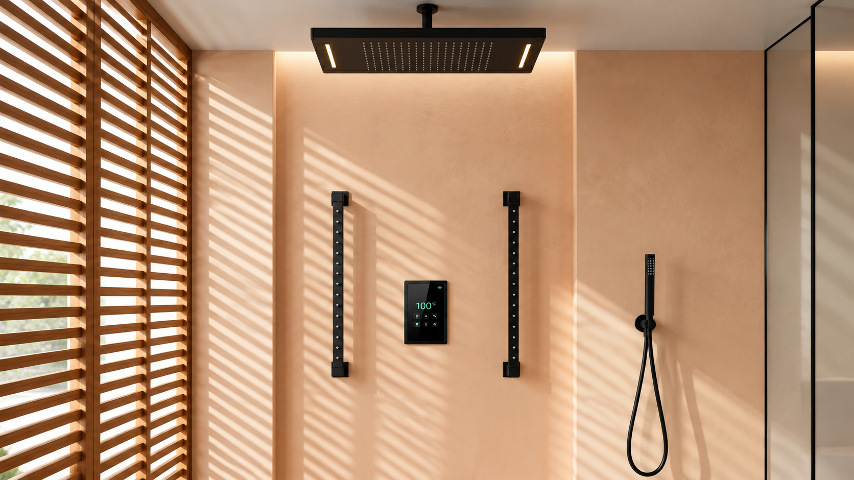 BathSelect matte black round ceiling rainfall shower system with four body jets and handheld for spa and wellness bathrooms